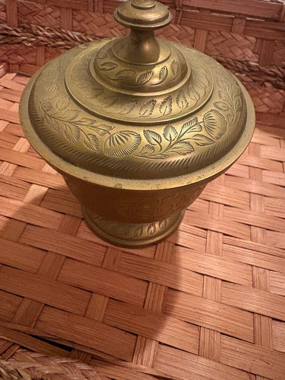 Vintage Hand-Engraved Solid Brass Pedestal Lidded Bowl Jar Made in India